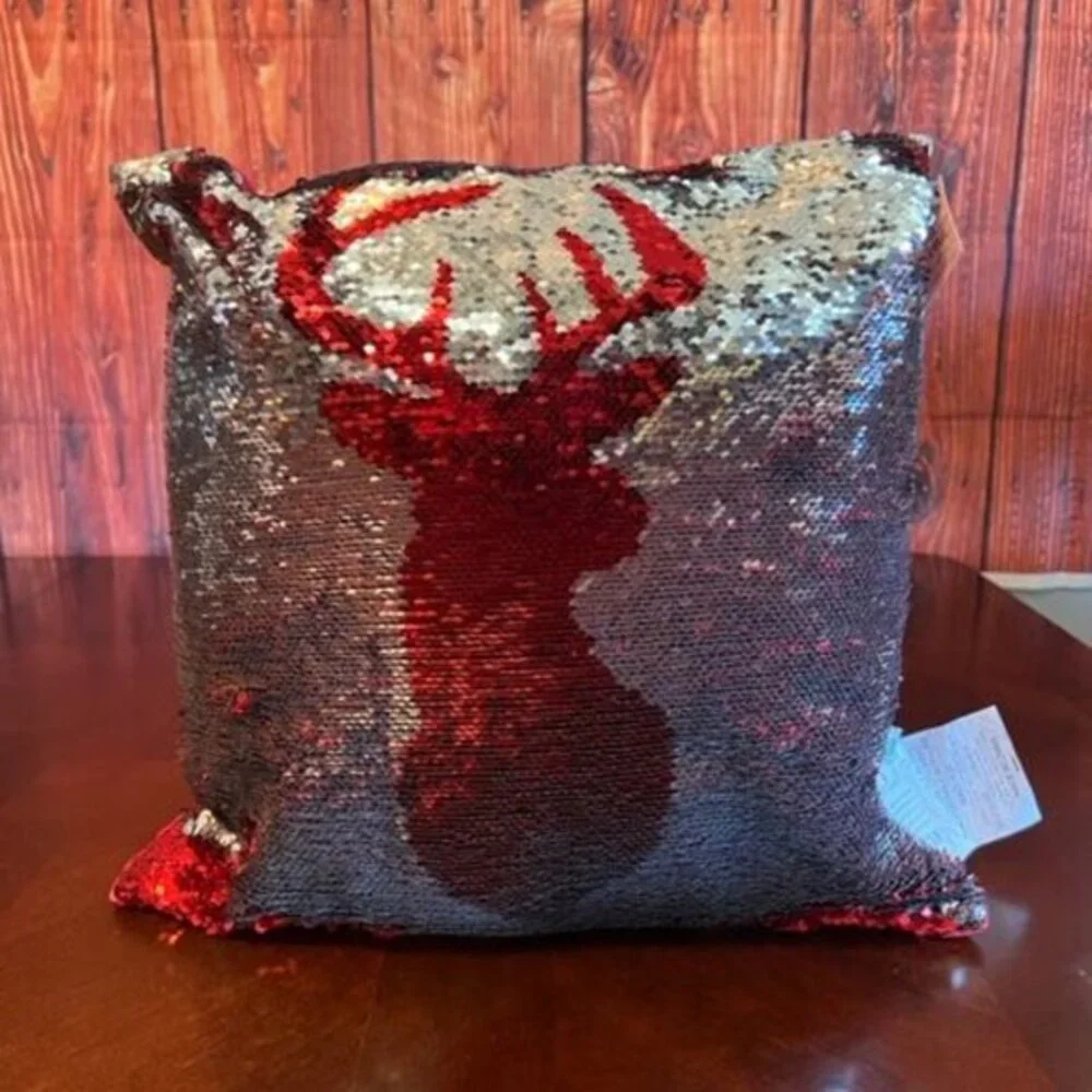 DEI Red & Silver Sequin Reversible Christmas Pillow ‎ striking reindeer design